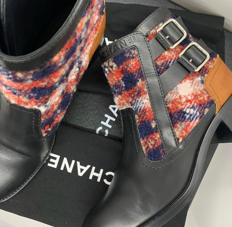 CHANEL 2017 Tweed Pattern Ankle Boots |38.5 EU|