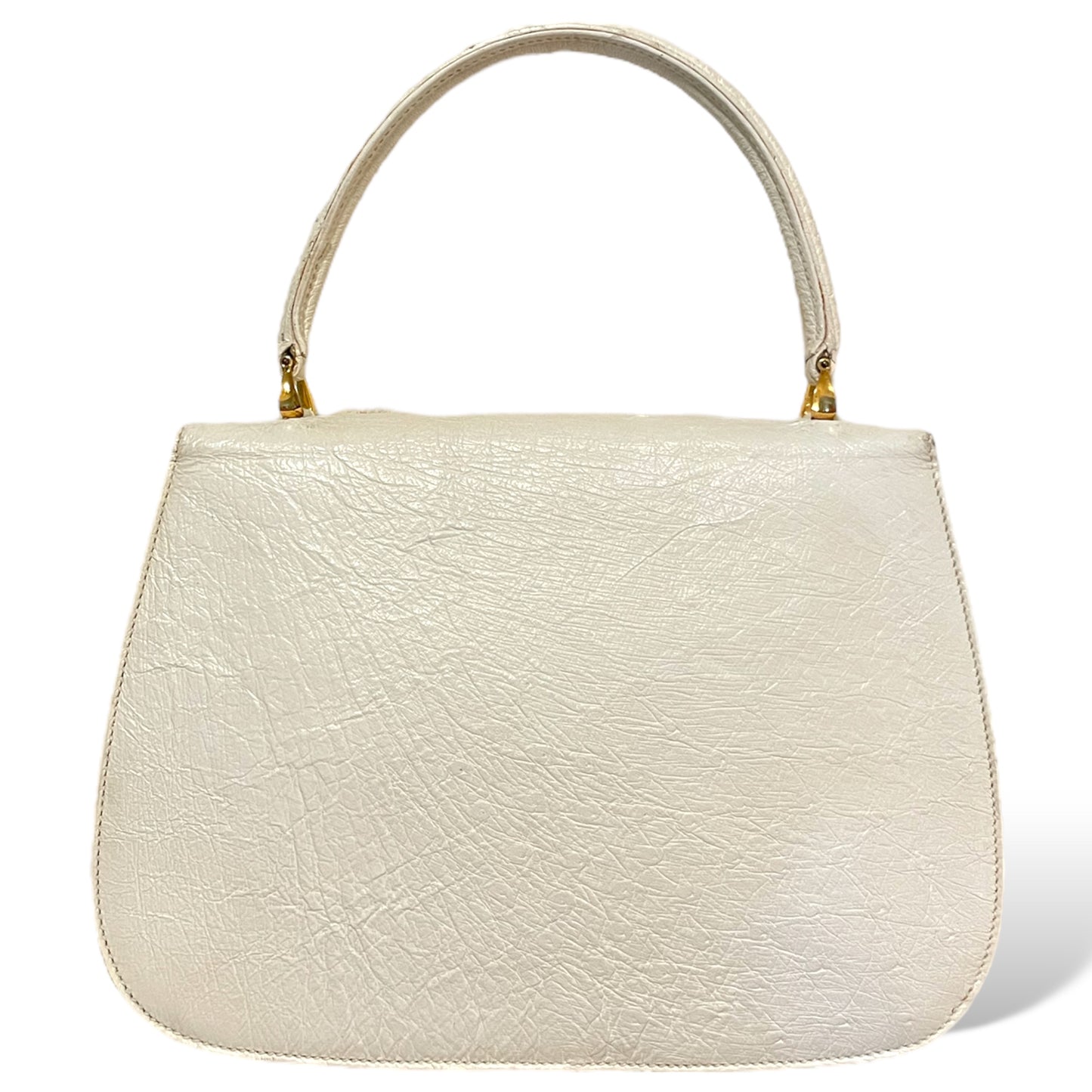 Gucci Bone White Ostrich Top Handle with Gold Turn Lock Clasp Circa 1950's