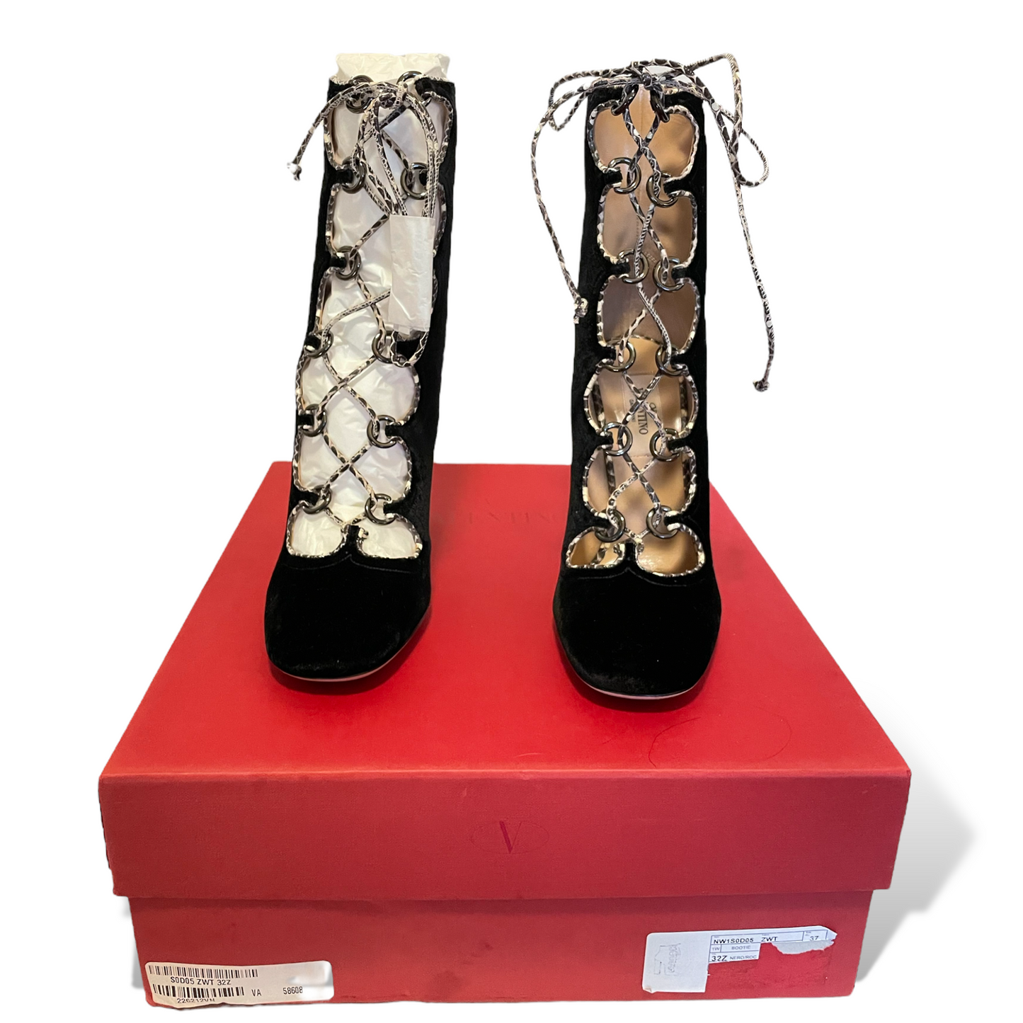 VALENTINO GARAVANI Black Velvet with Snake Skin Trim Lace up Ankle Booties Size 37