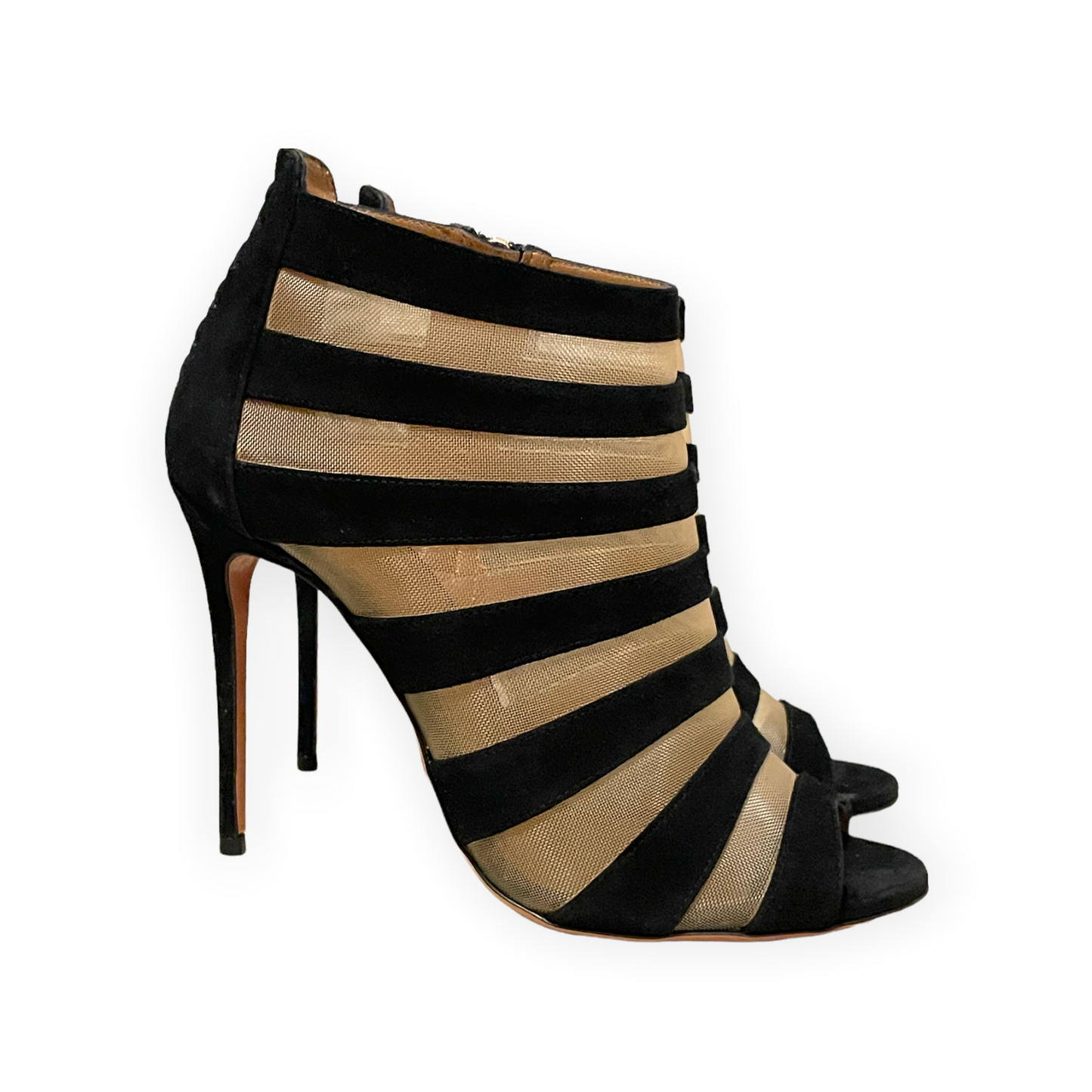 AQUAZZURA Black Suede & Nude Mesh Striped Sandals | Size: 8.5 | IT 38.5 |
