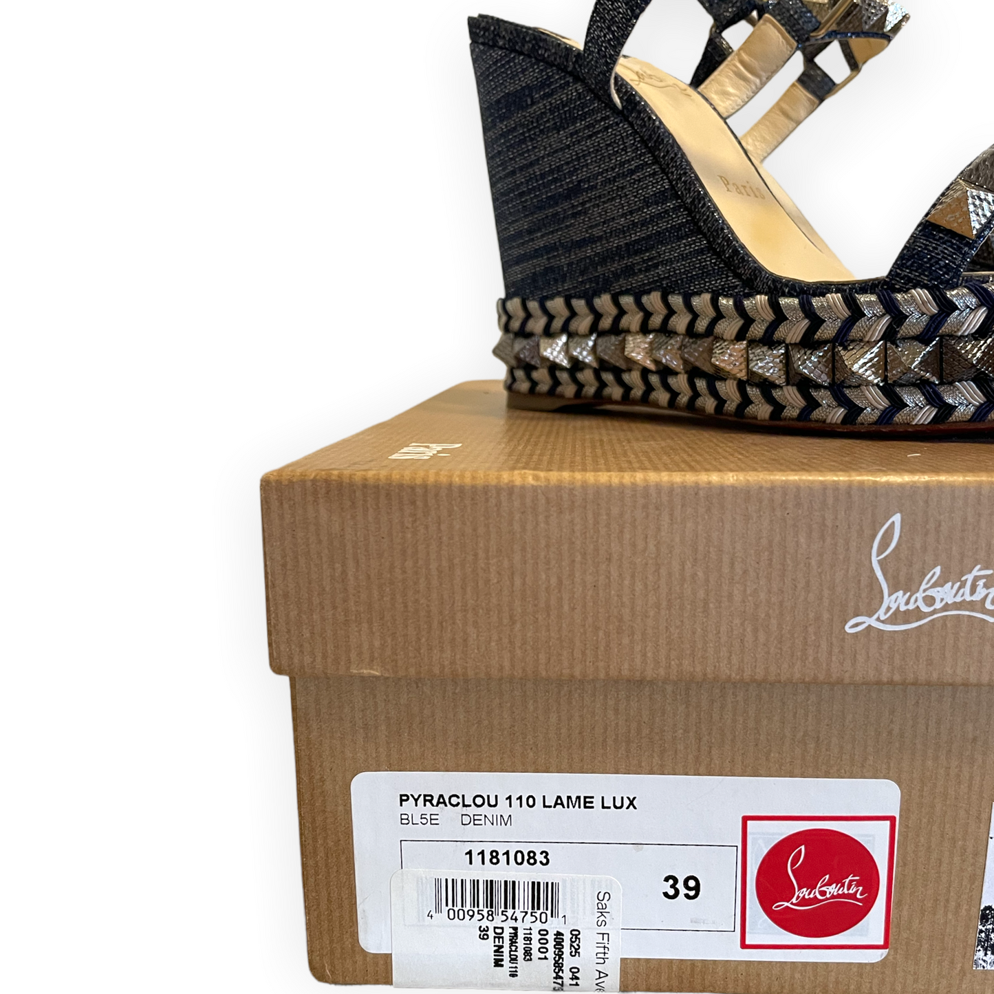 CHRISTIAN LOUBOUTIN Denim Lame Lux Pyraclou 110 Wedge Sandals |Size: 39|