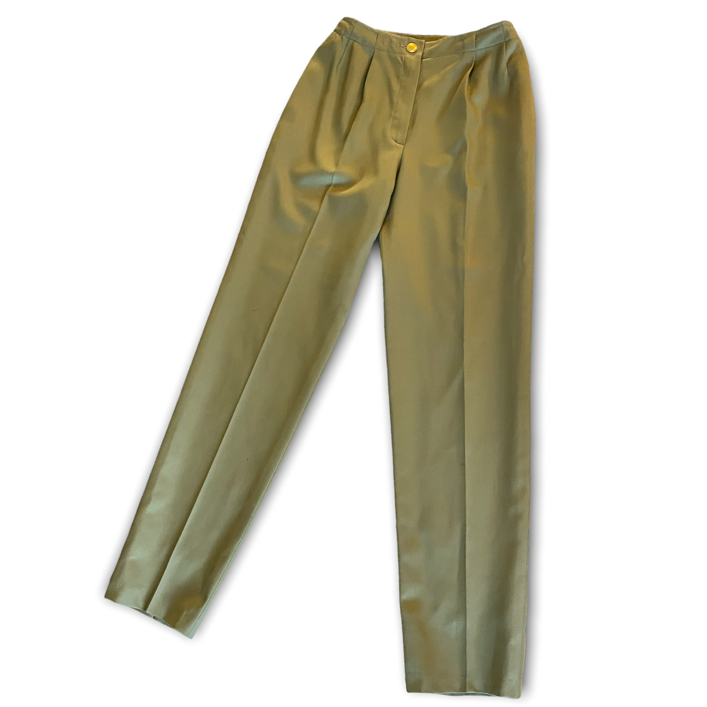 VINTAGE CHANEL  Women’s Military Green Stunning High-Waisted Wool & Silk Tailored Pants |Size: EU36|