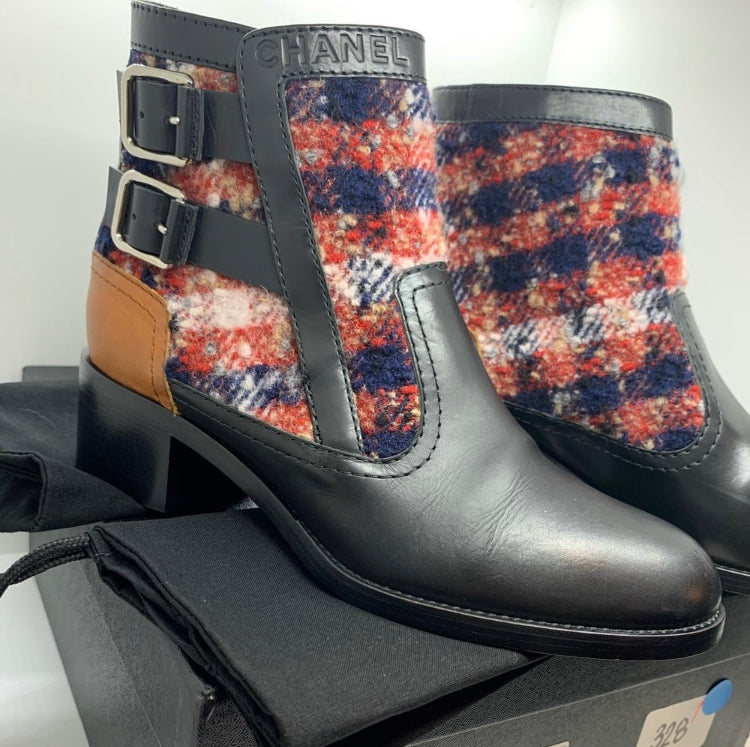 CHANEL 2017 Tweed Pattern Ankle Boots |38.5 EU|