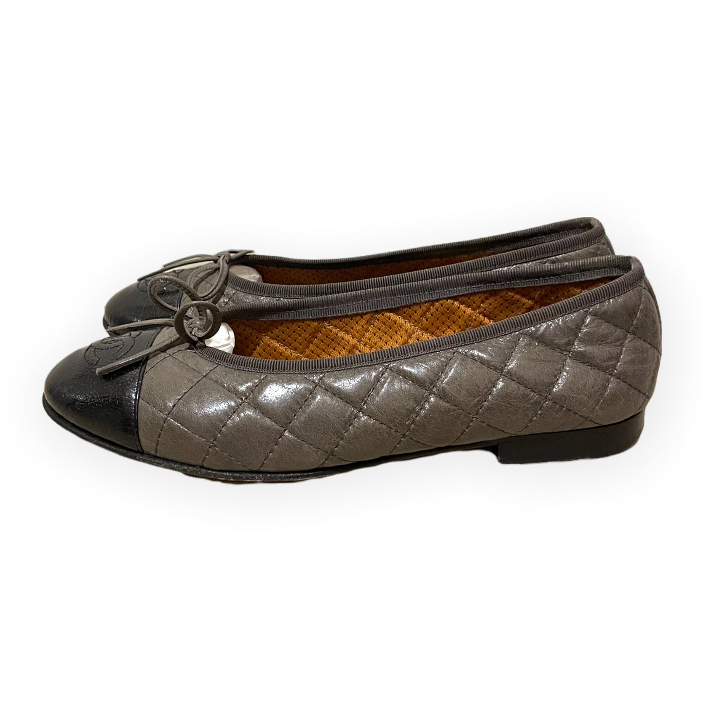 CHANEL Crumpled Calfskin/Patent Quilted CC Cap Toe Ballerina Flats