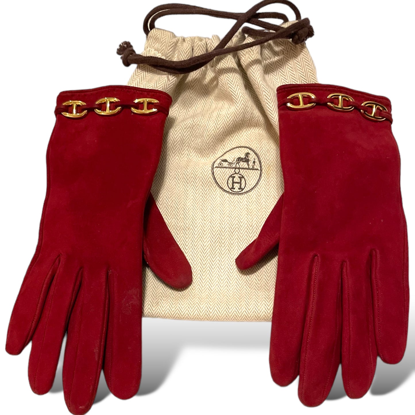 HERMÈS Link Vintage Dark Red Suede Gloves |Size: 7|