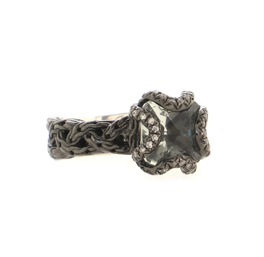 John Hardy Black Rhodium with Green Amethyst and Diamonds Ring |Size: 7|