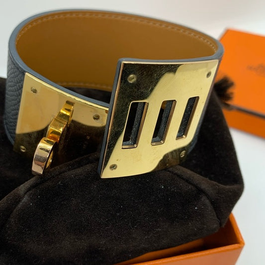 HERMÈS Black Leather & Rose Gold Hardware Bracelet
