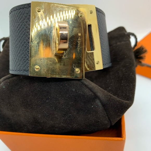 HERMÈS Black Leather & Rose Gold Hardware Bracelet