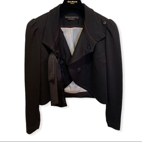 Alice+Olivia Silk Bow Embellished Cropped Jacket