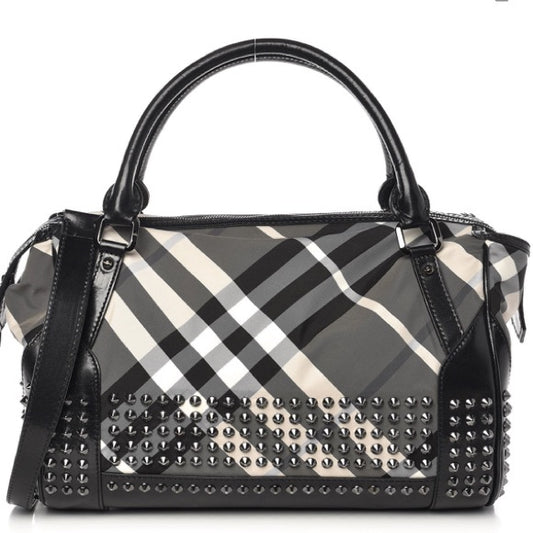 BURBERRY Nylon Beat Check Studded Medium Edenham Satchel Black