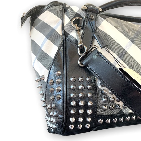 BURBERRY Nylon Beat Check Studded Medium Edenham Satchel Black