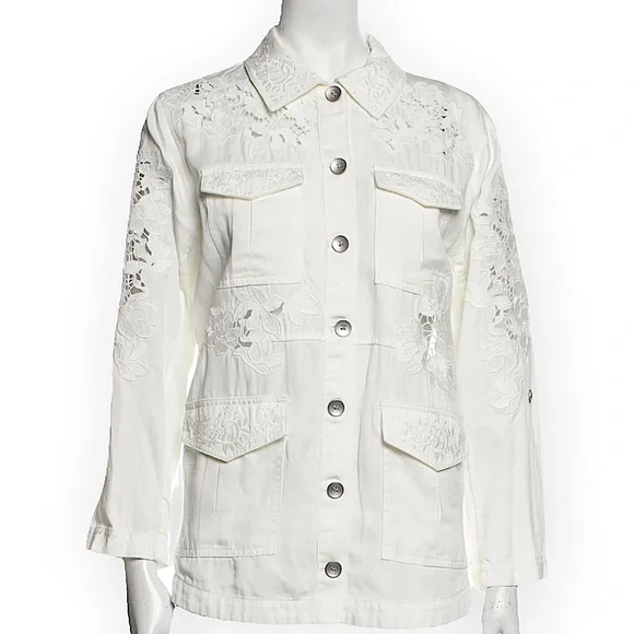 ALICE + OLIVIA Three-Quarter Sleeve Embroidered White Button-Up Top Size S