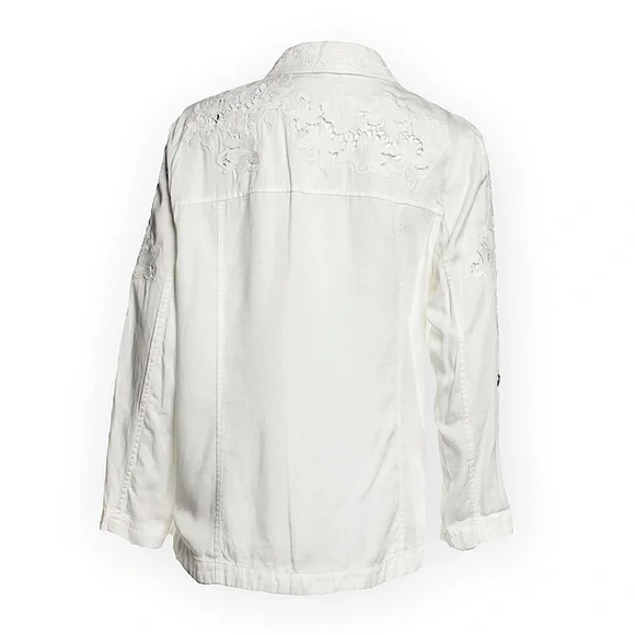 ALICE + OLIVIA Three-Quarter Sleeve Embroidered White Button-Up Top Size S