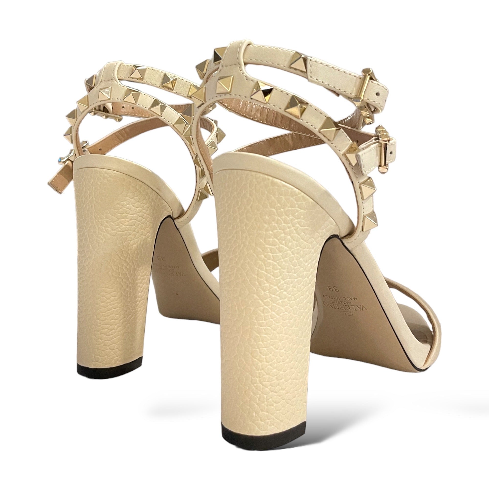 VALENTINO GARAVANI Leather Rockstud Ankle Strap 100mm Block Sandals in Light Ivory