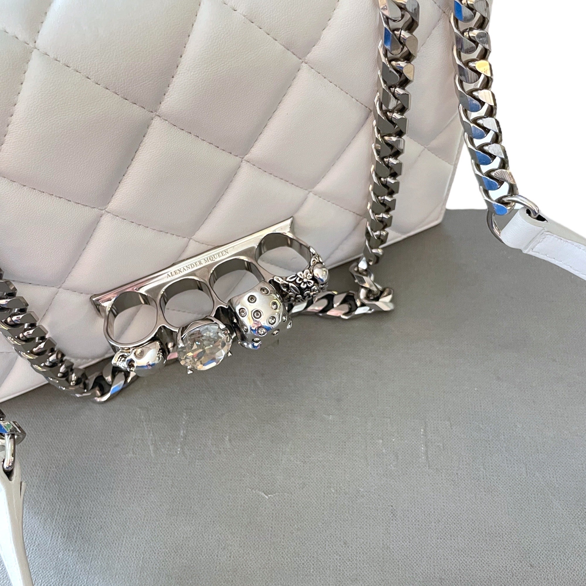 ALEXANDER MCQUEEN White Quilted Leather Jeweled Knuckle Shoulder Bag