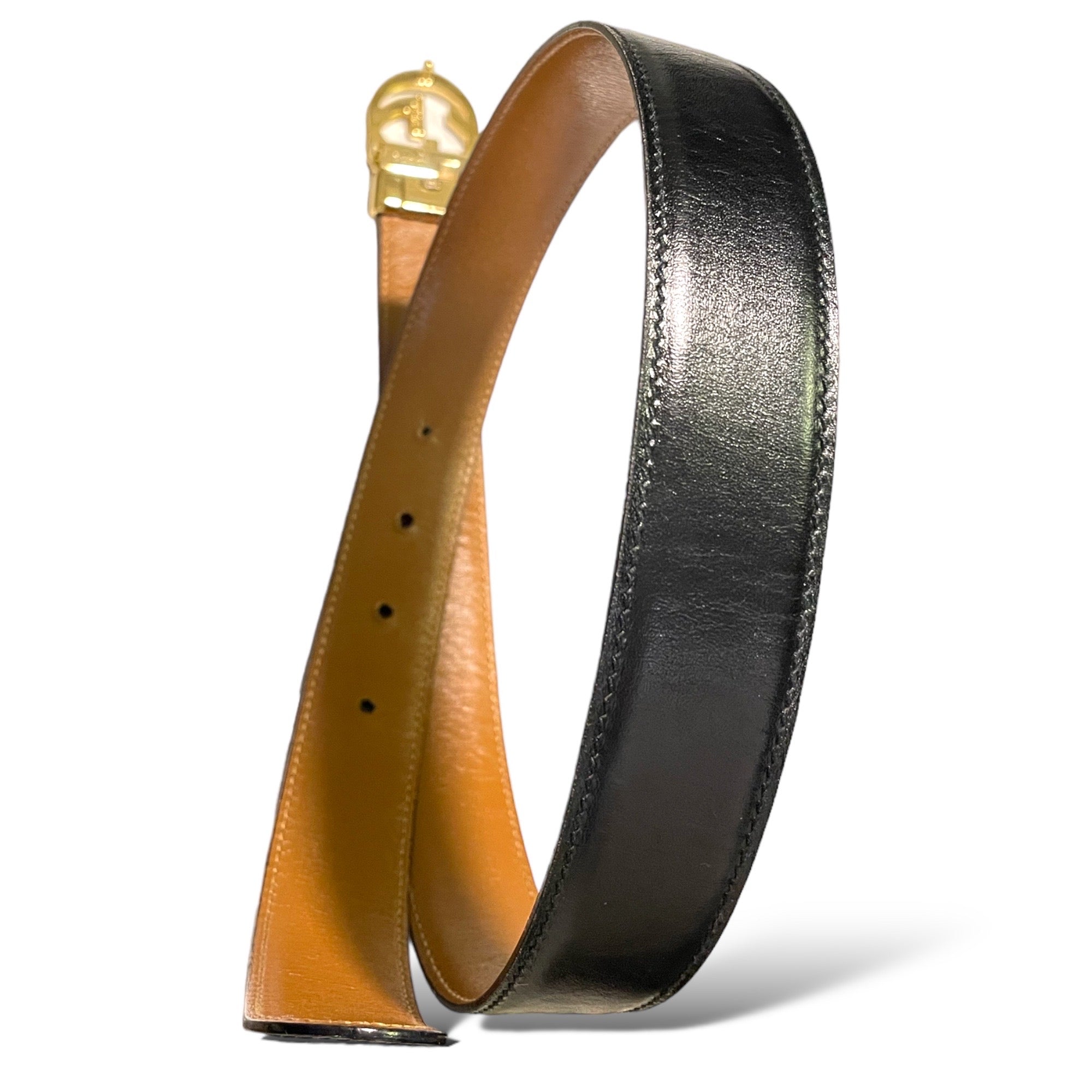 GUCCI Vintage Gold-Tone GG Logo Buckle Reversible Leather Belt