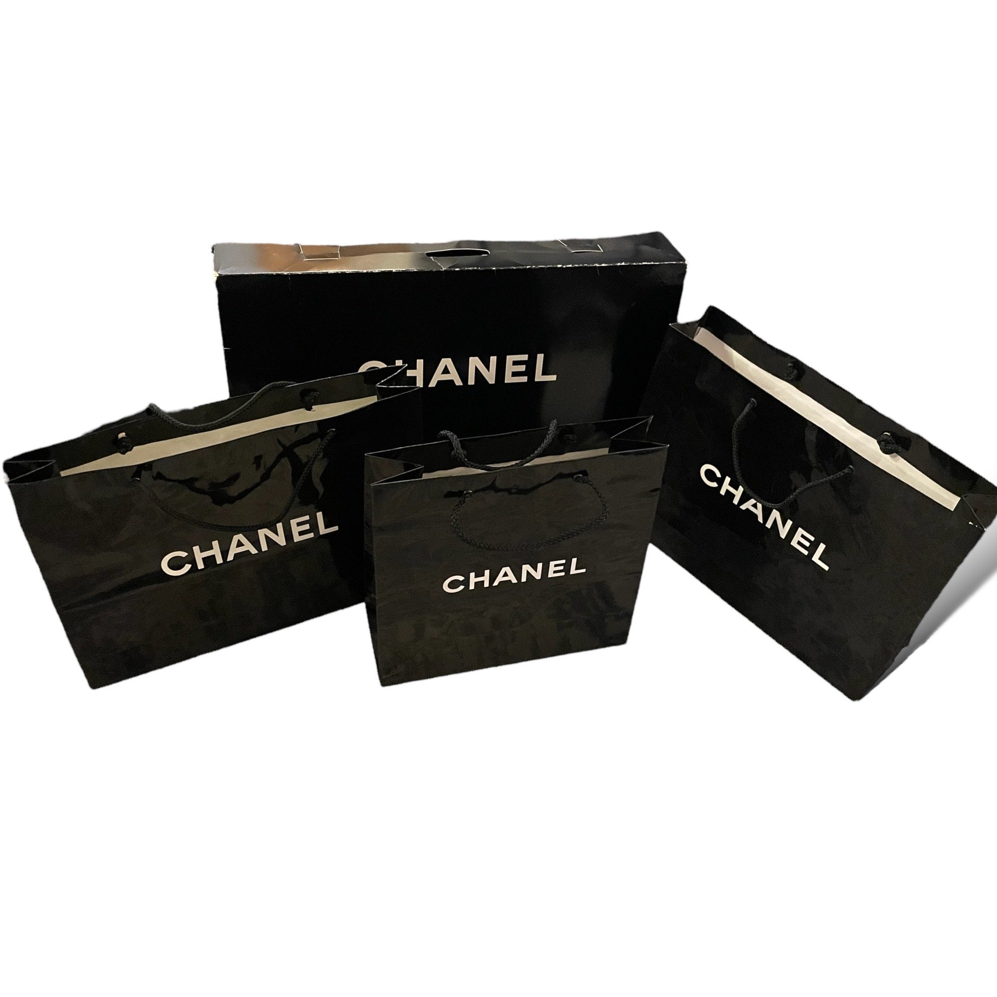 9 AUTHENTIC Large CHANEL Shopping Bag Lot with Box Bag & Camilla Flower