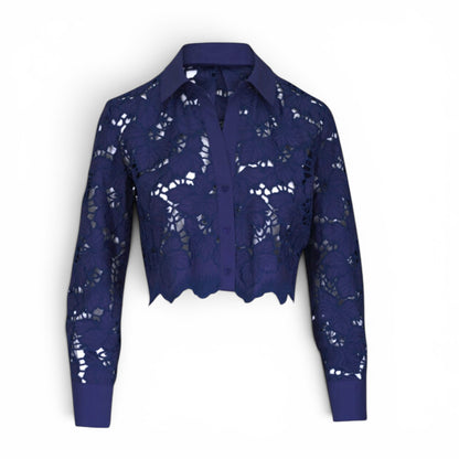 L'Agence Navy Floral Laser-Cut Cropped Button Down Top - main product photo