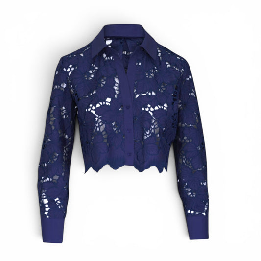 L'AGENCE Navy Floral Laser-Cut Cropped Button Down Top
|Size: M|