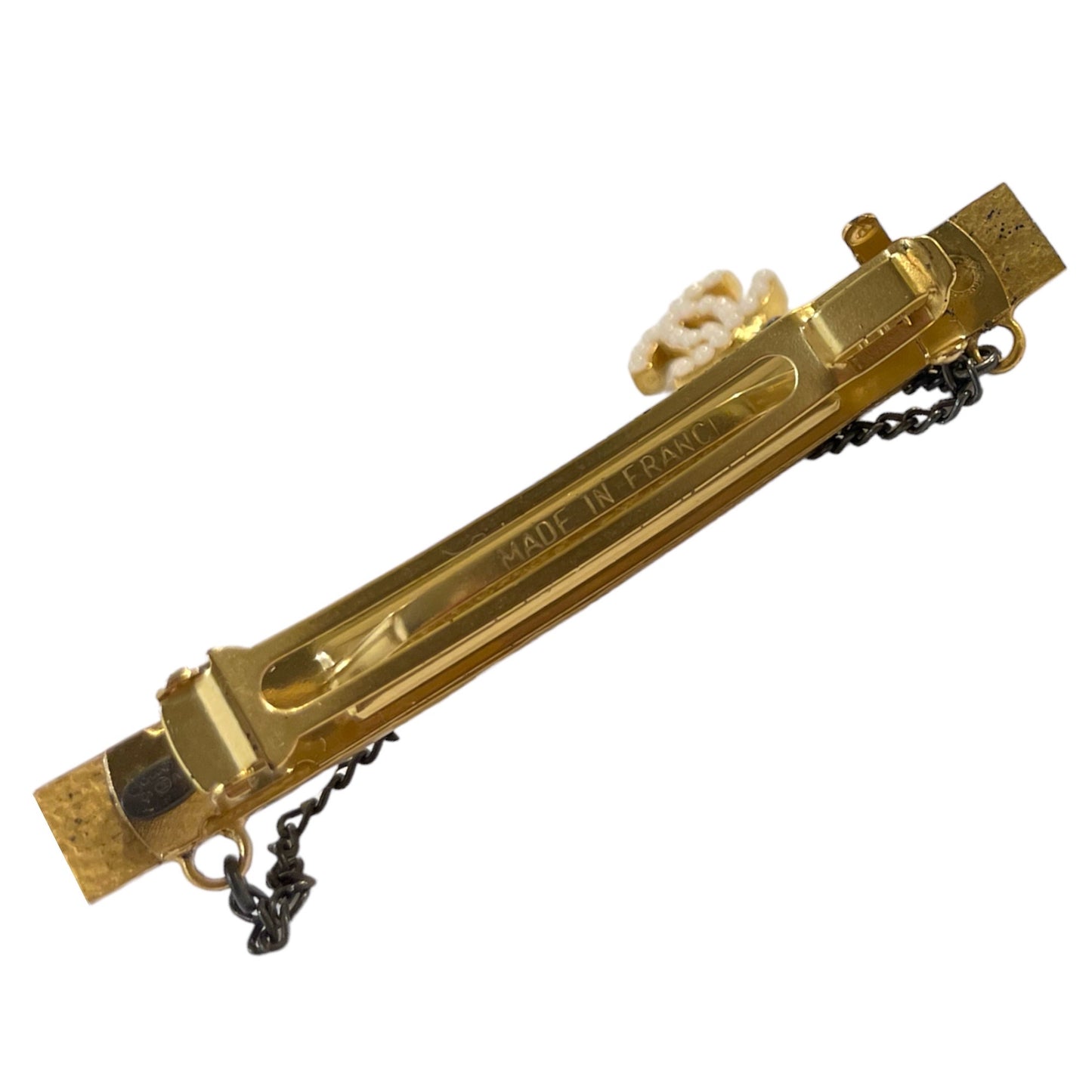 CHANEL Gold-Tone Vintage CC Logo & Faux Pearl French Snap Clip Barrette