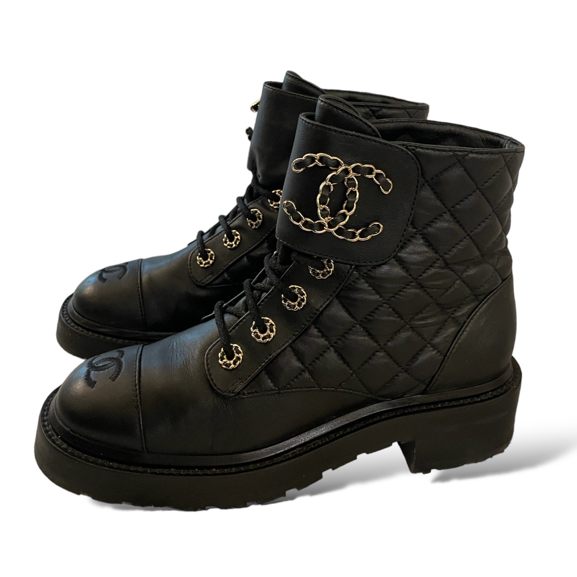 CHANEL Fall 2021 Black Lambskin Lace-Up Boots
|Size: 38|