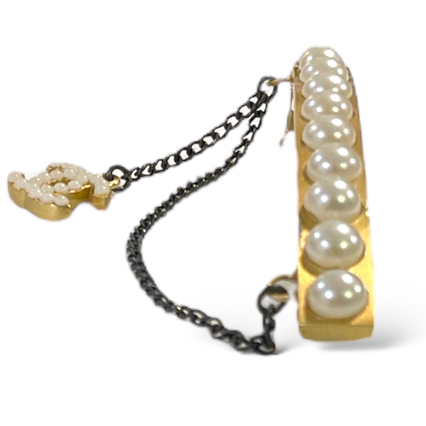 CHANEL Gold-Tone Vintage CC Logo & Faux Pearl French Snap Clip Barrette
