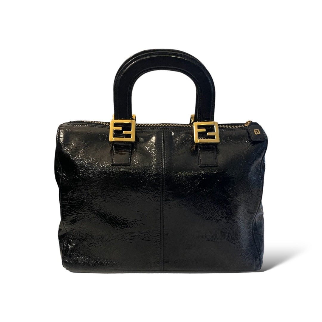 FENDI Vintage STUNNING Black Leather Small Twin Tote with Gold Hardware