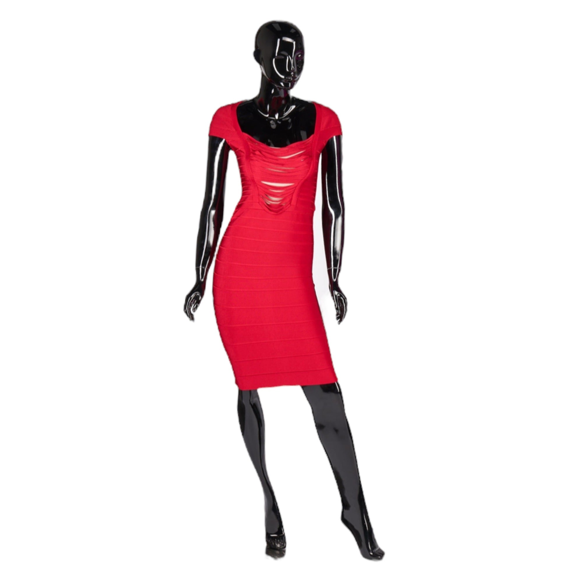 HERVE LEGER "ANNE" Dress in Rouge with Draped Fringe Insert | Size: Small |