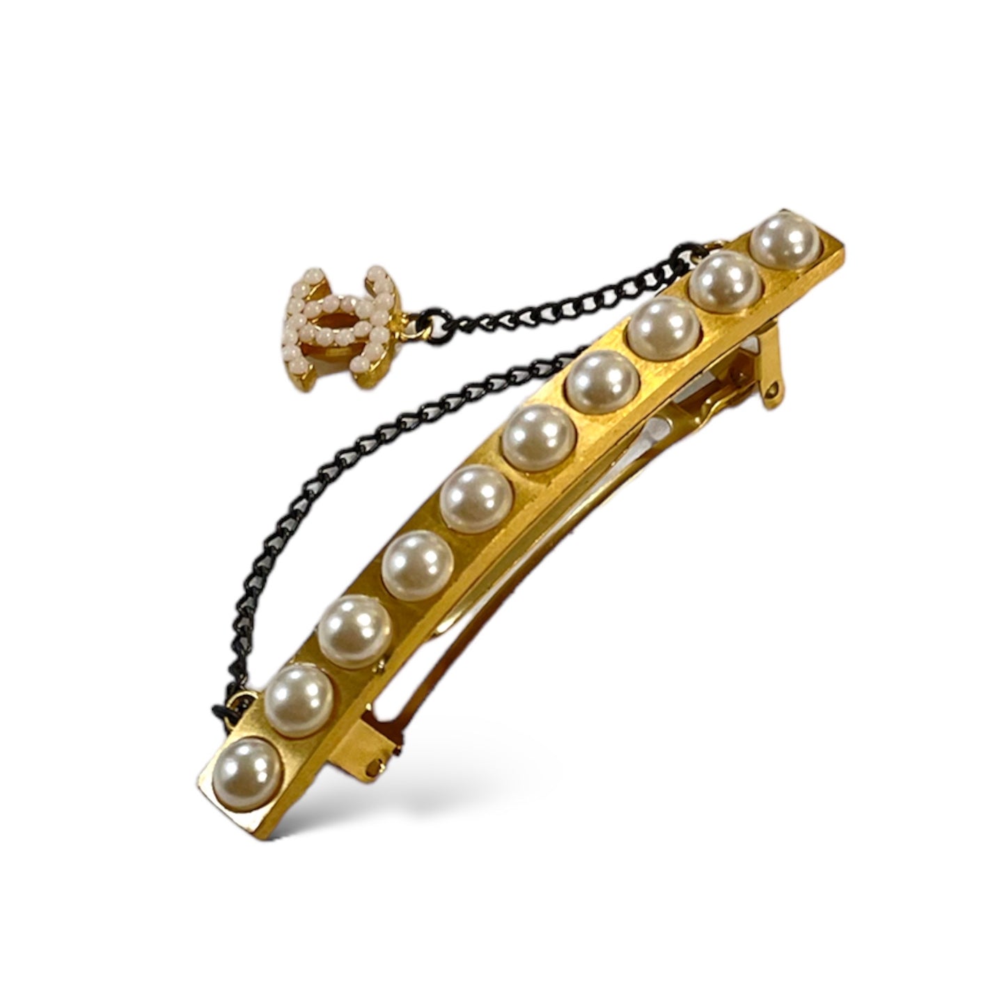 CHANEL Gold-Tone Vintage CC Logo & Faux Pearl French Snap Clip Barrette