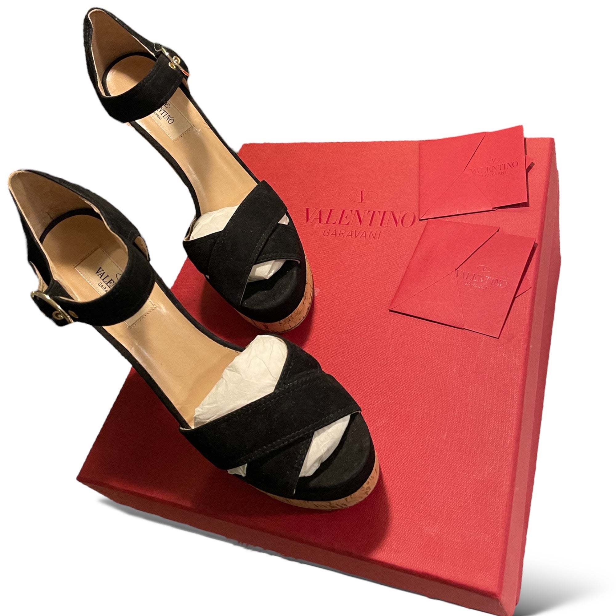 VALENTINO GARAVANI Suede & Cork Sandal with Metallic Buckle Detail