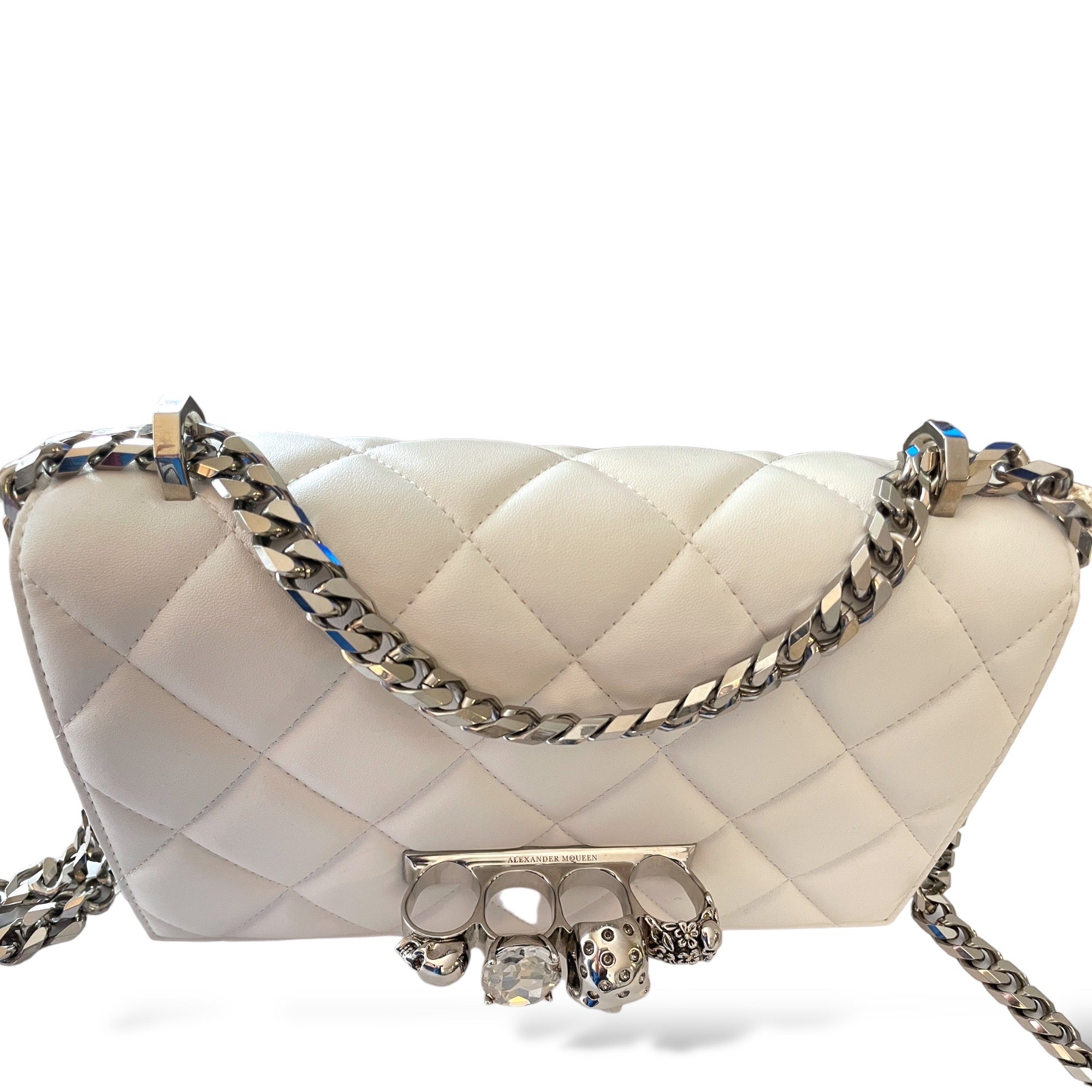 ALEXANDER MCQUEEN White Quilted Leather Jeweled Knuckle Shoulder Bag