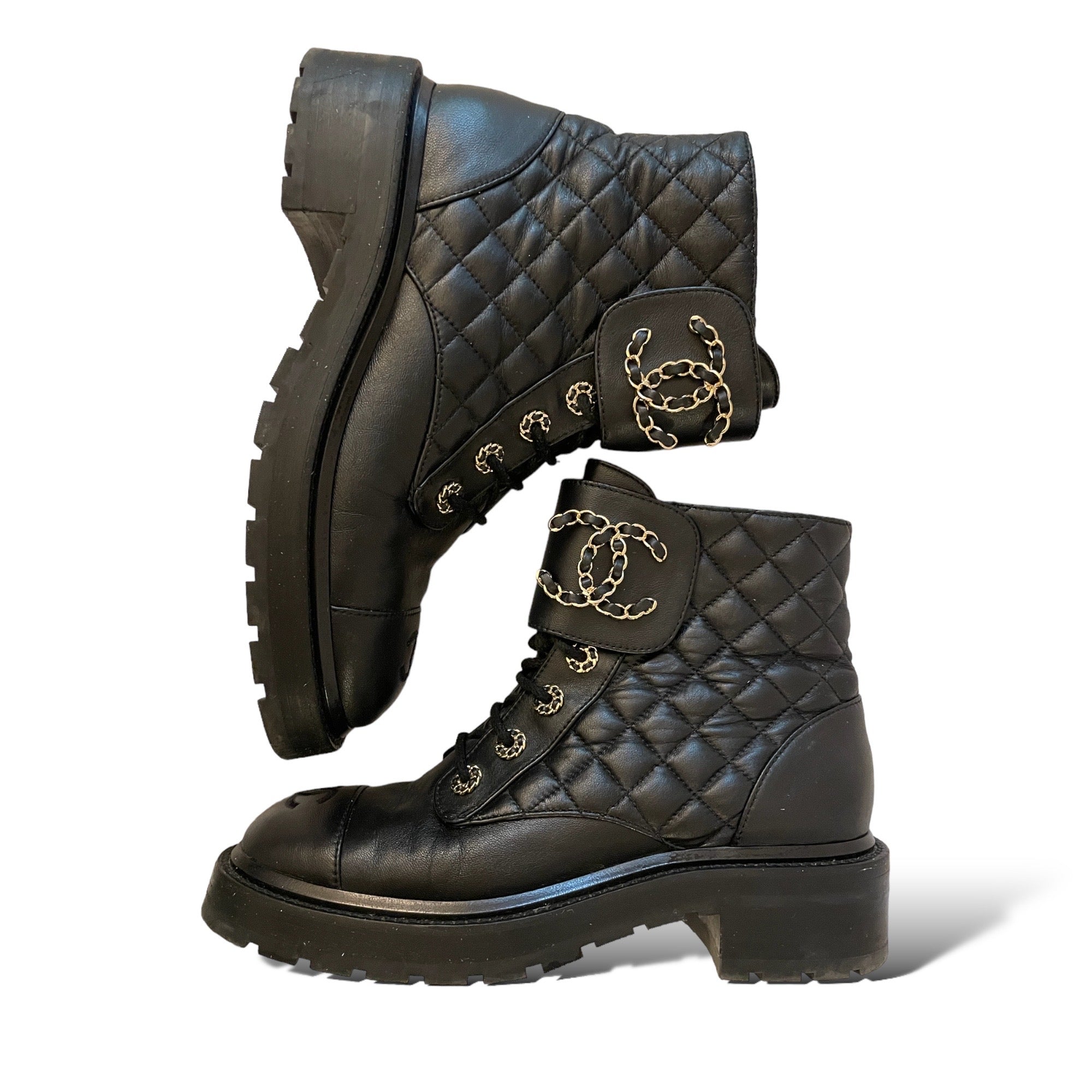 CHANEL Fall 2021 Black Lambskin Lace-Up Boots
|Size: 38|