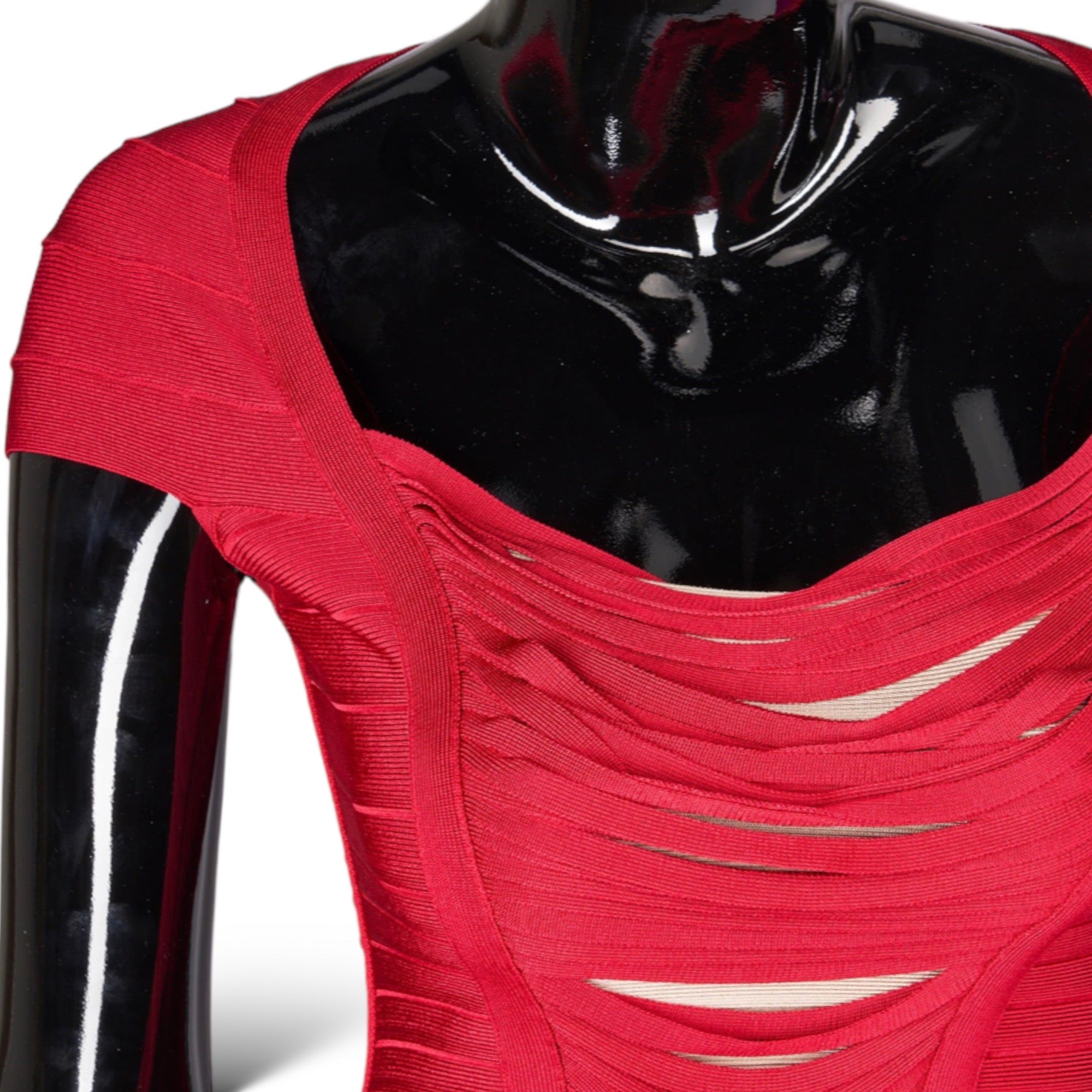 HERVE LEGER "ANNE" Dress in Rouge with Draped Fringe Insert | Size: Small |
