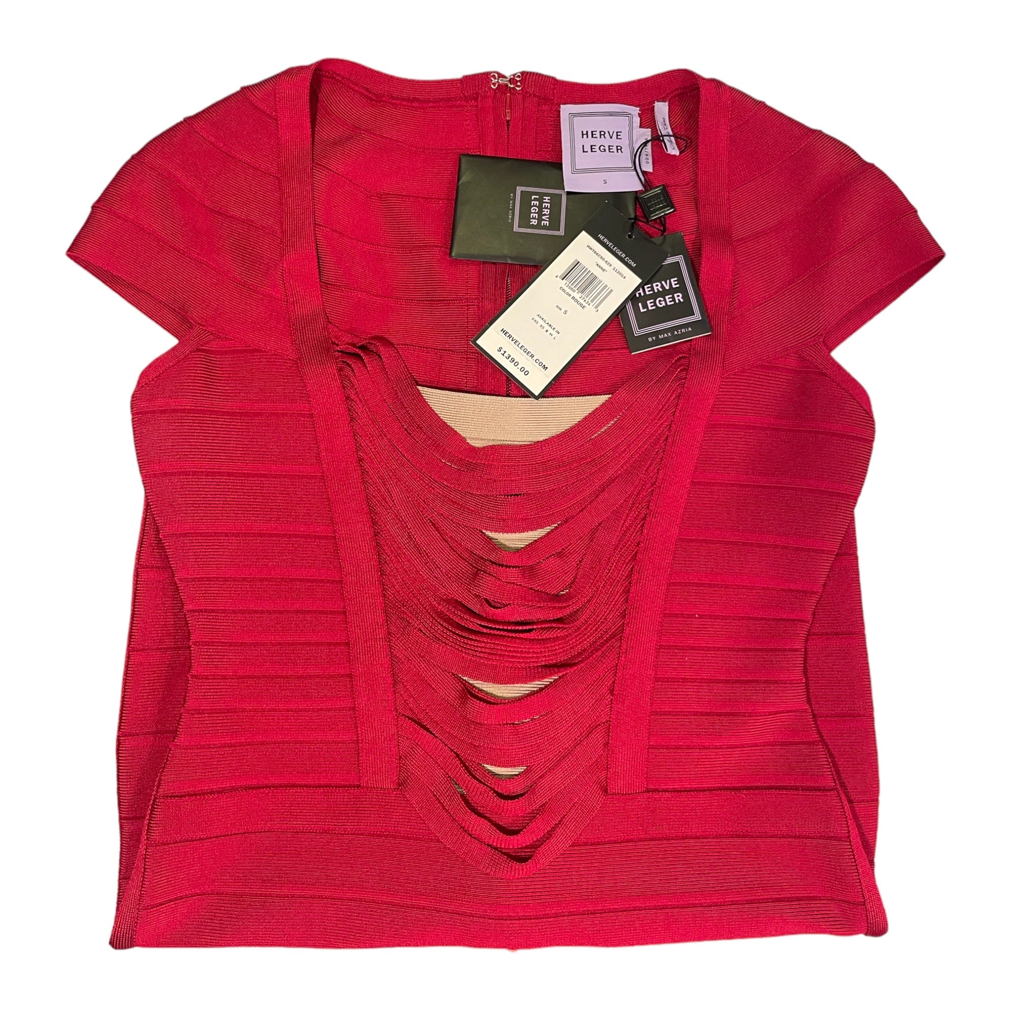 HERVE LEGER "ANNE" Dress in Rouge with Draped Fringe Insert | Size: Small |