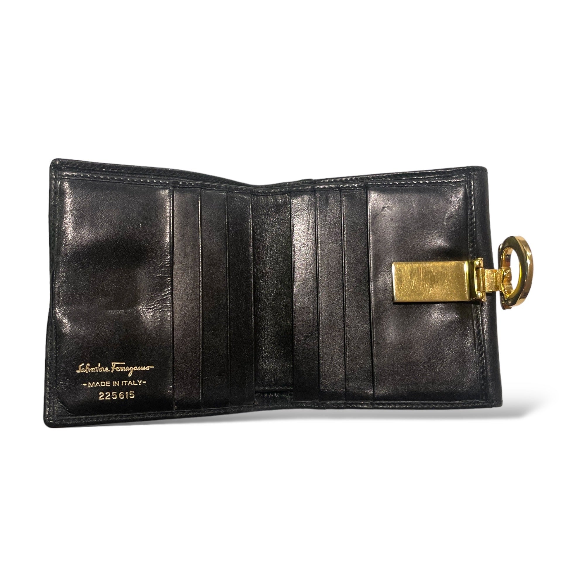 SALVATORE FERRAGAMO Vintage Leather Bi-Fold Wallet with Gold Logo Clasp