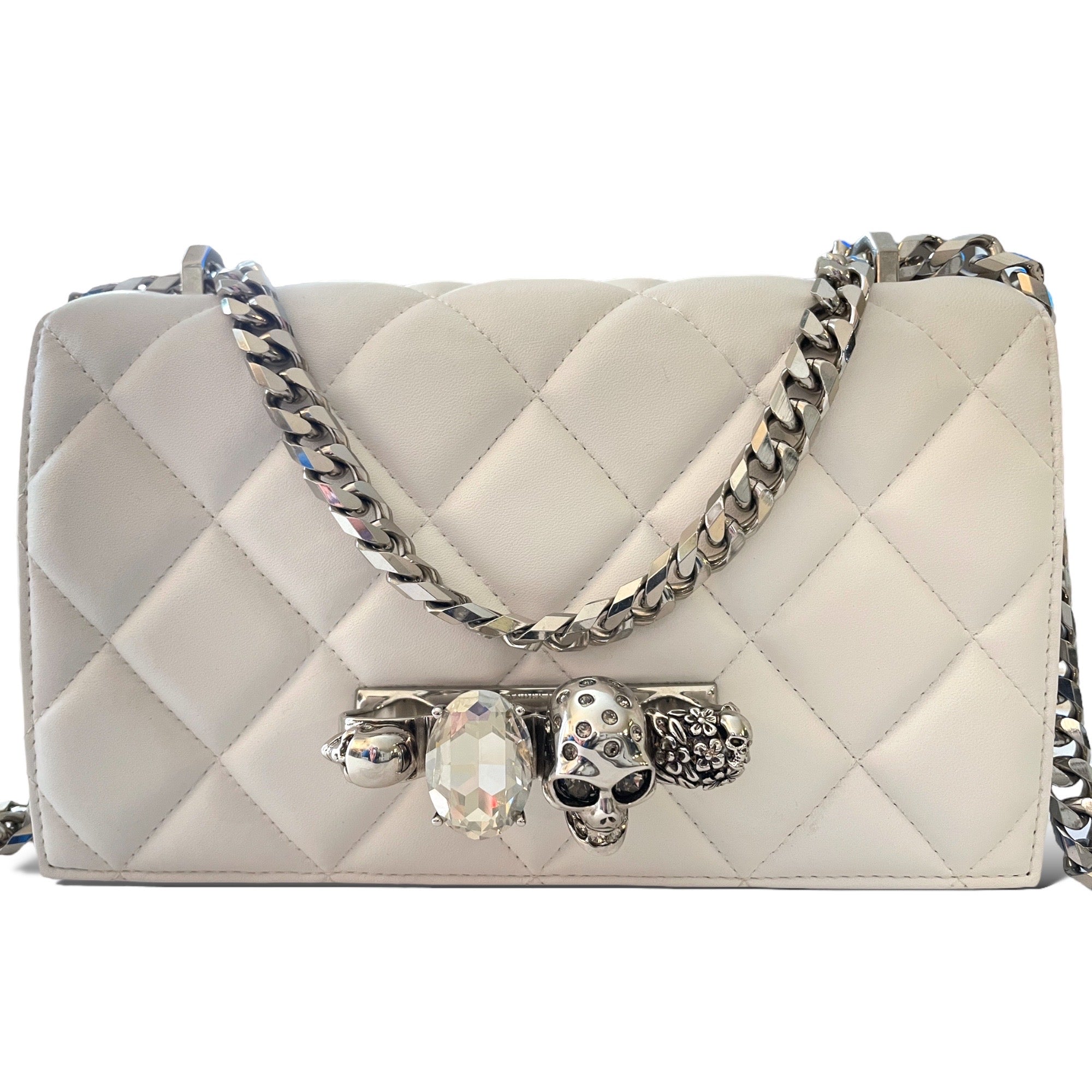 ALEXANDER MCQUEEN White Quilted Leather Jeweled Knuckle Shoulder Bag