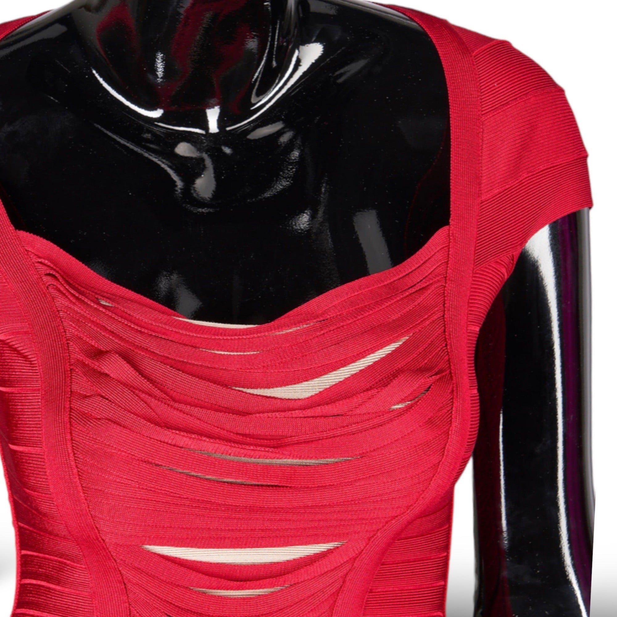 HERVE LEGER "ANNE" Dress in Rouge with Draped Fringe Insert | Size: Small |