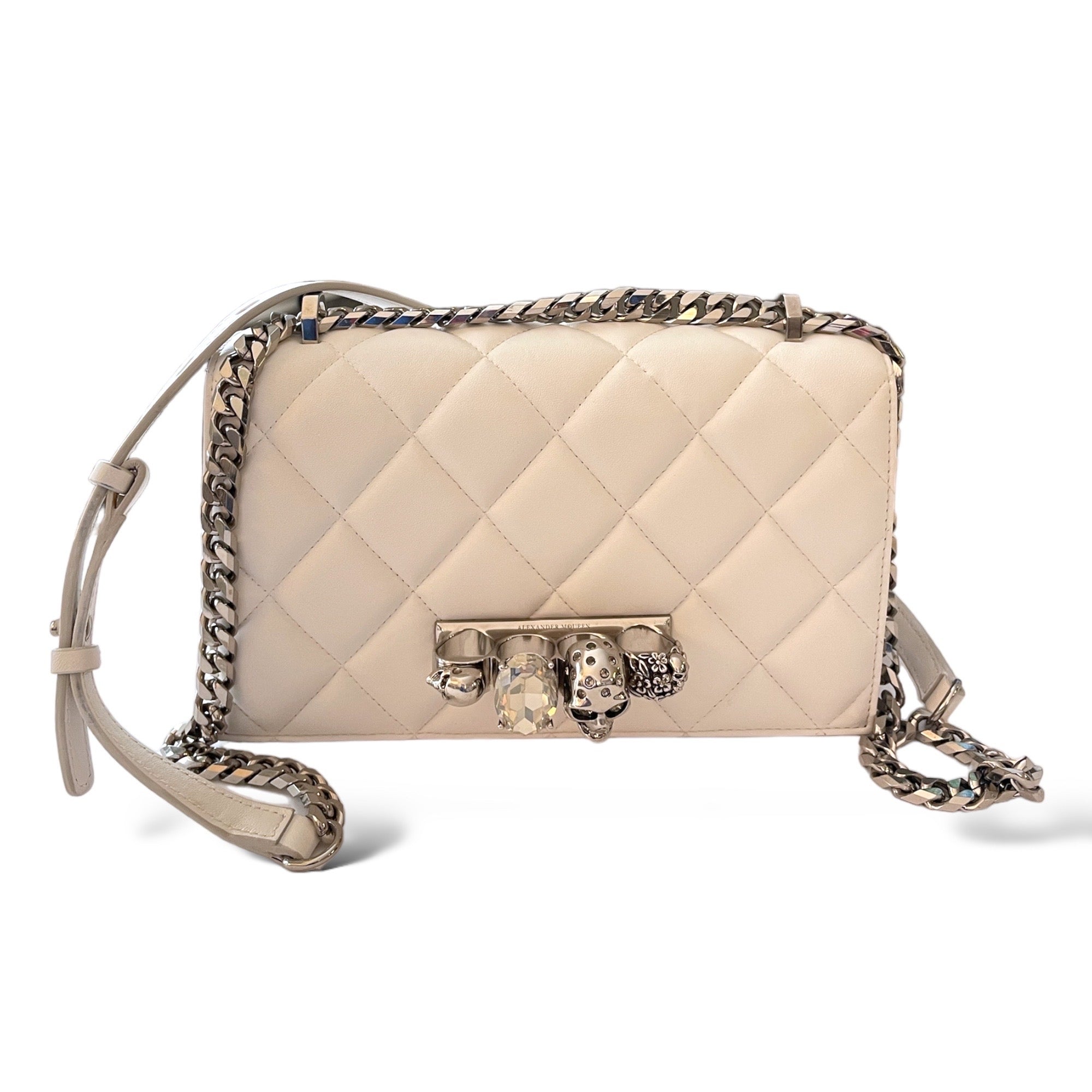 ALEXANDER MCQUEEN White Quilted Leather Jeweled Knuckle Shoulder Bag