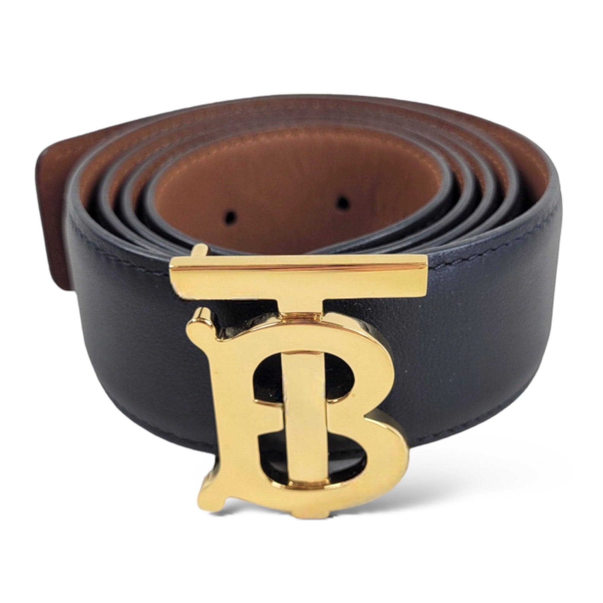 Burberry Gold-Tone TB Logo Buckle Reversible Black/Brown Leather Belt (SMALL)