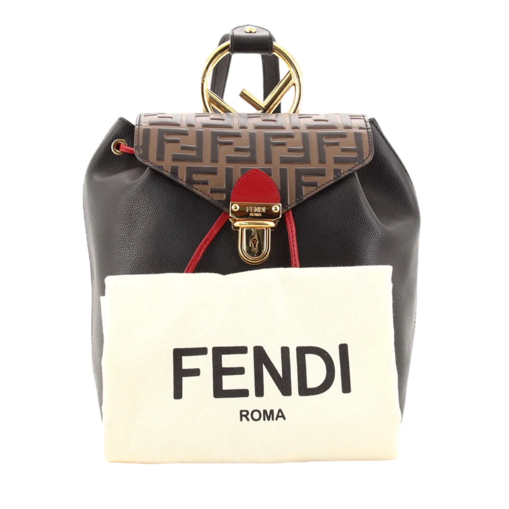 Fendi Drawstring Flap Backpack Leather with Zucca Embossed Detail