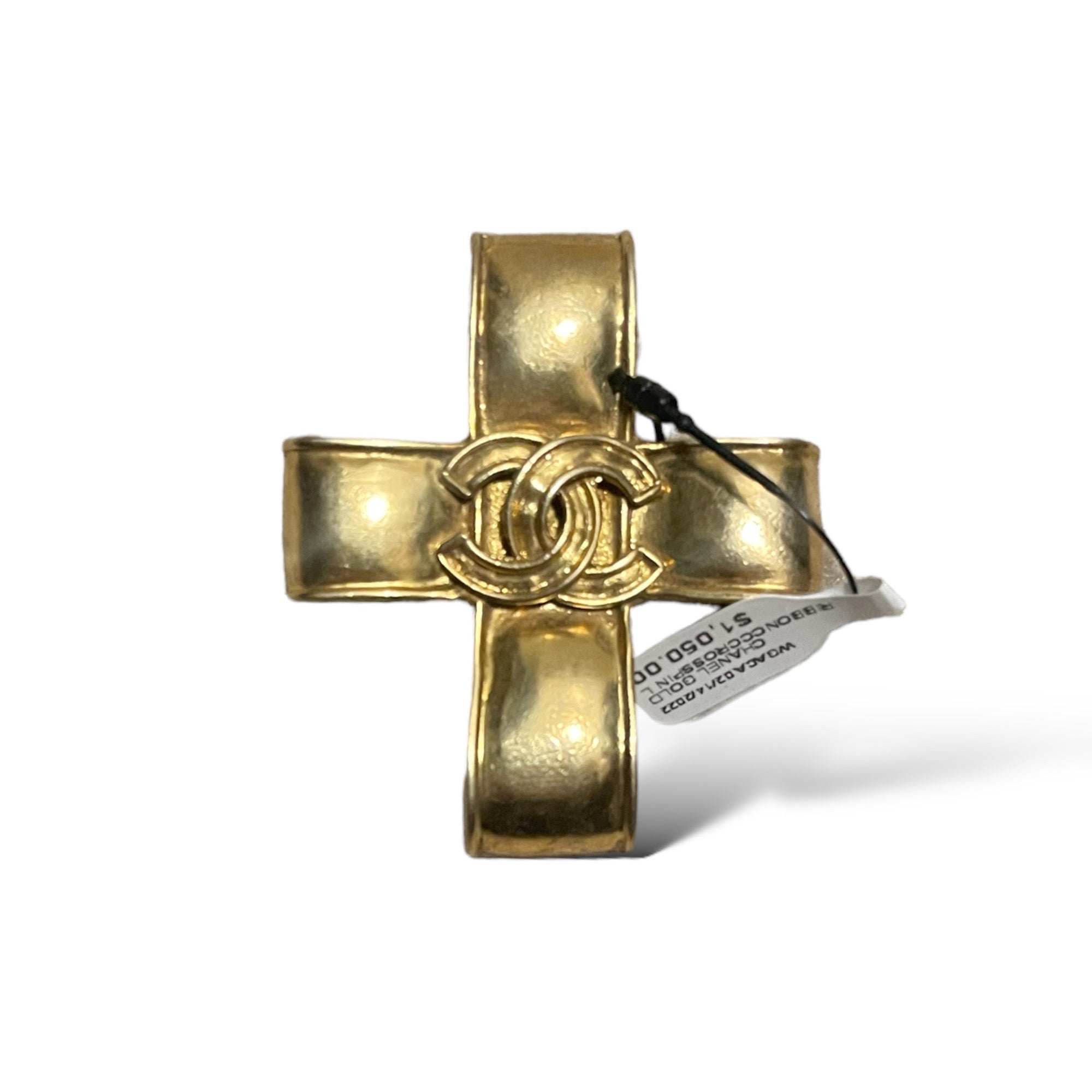 CHANEL Vintage Gold Ribbon CC Cross LARGE Brooch Pin Circa 94’