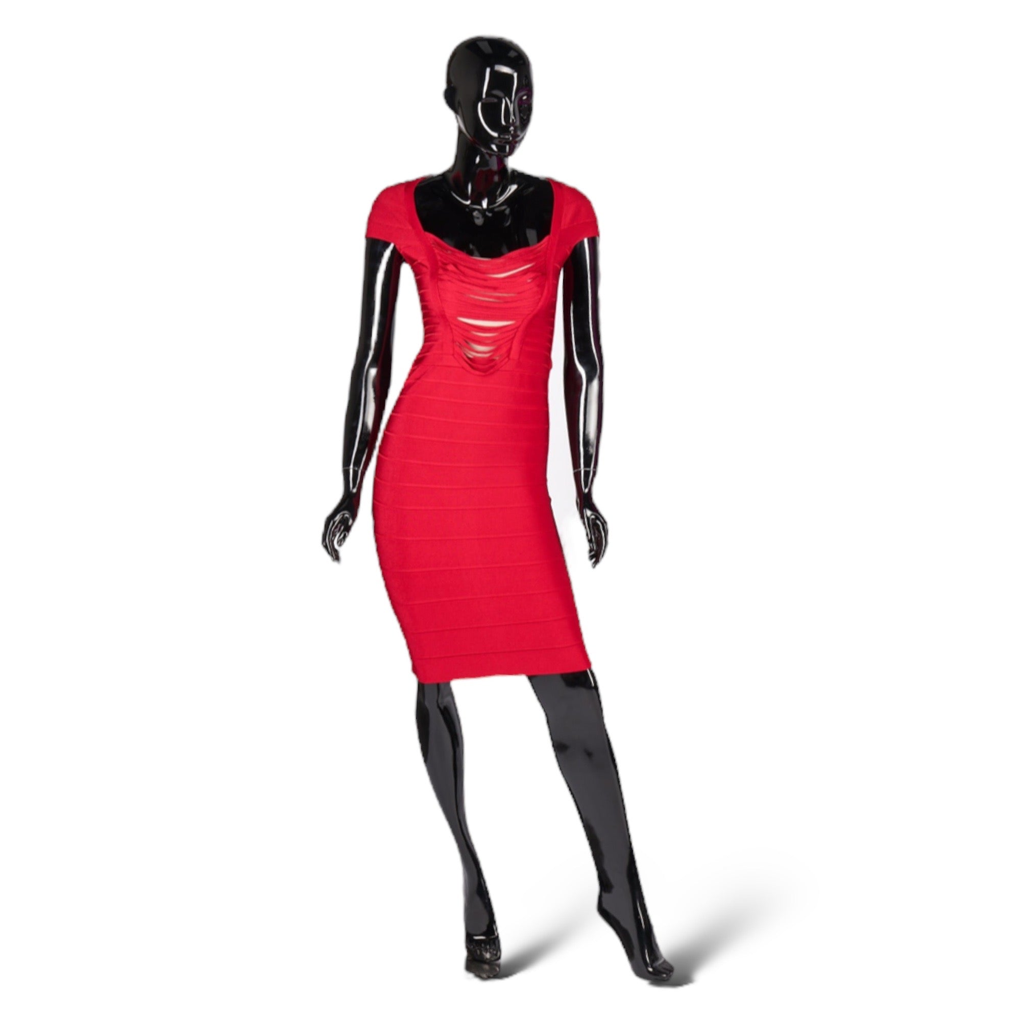 HERVE LEGER "ANNE" Dress in Rouge with Draped Fringe Insert | Size: Small |