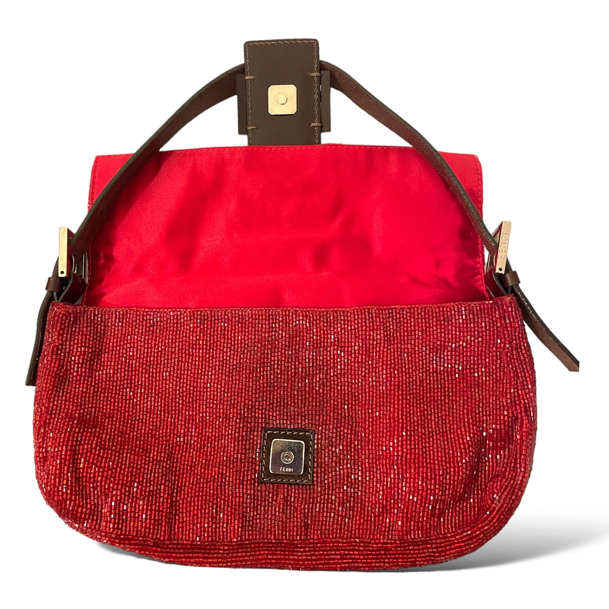 RARE Limited Edition FENDI Red Beaded Embellished Baguette Bag