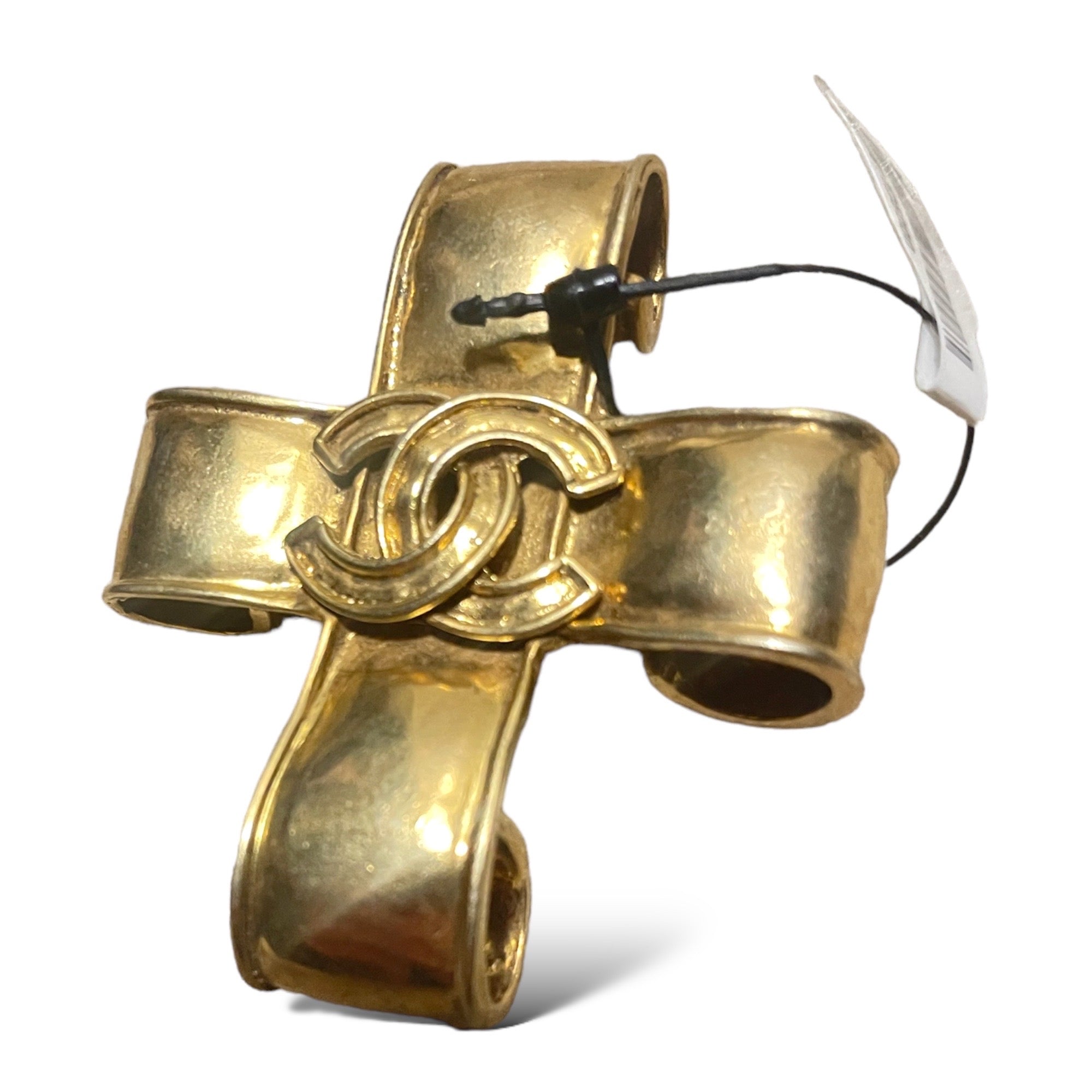 CHANEL Vintage Gold Ribbon CC Cross LARGE Brooch Pin Circa 94’
