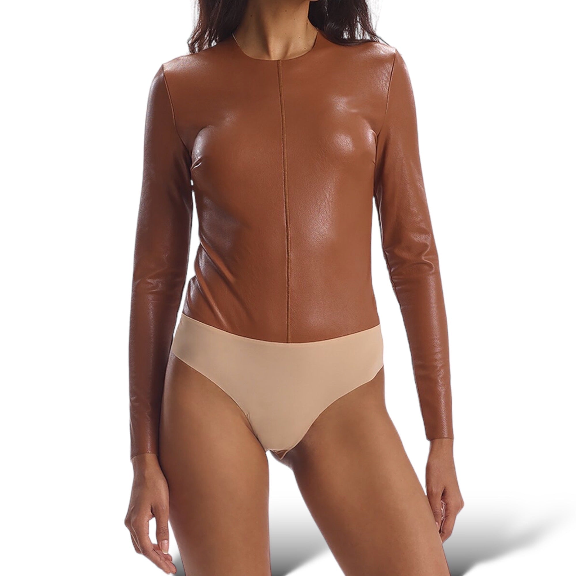 COMMANDO Faux Leather Long Sleeve Cocoa Brown Bodysuit | S |