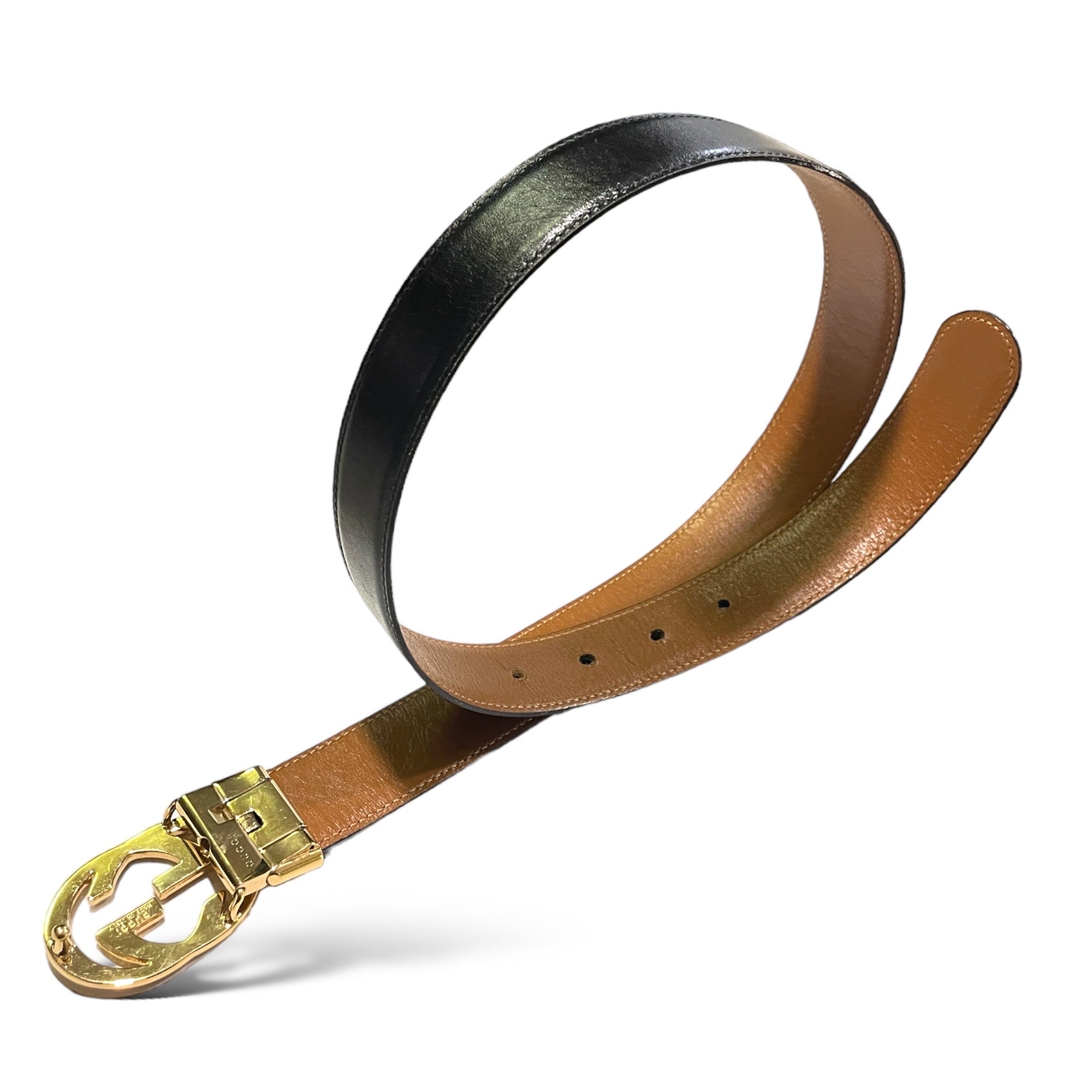 GUCCI Vintage Gold-Tone GG Logo Buckle Reversible Leather Belt