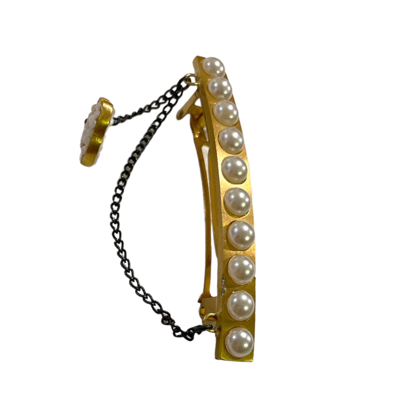 CHANEL Gold-Tone Vintage CC Logo & Faux Pearl French Snap Clip Barrette