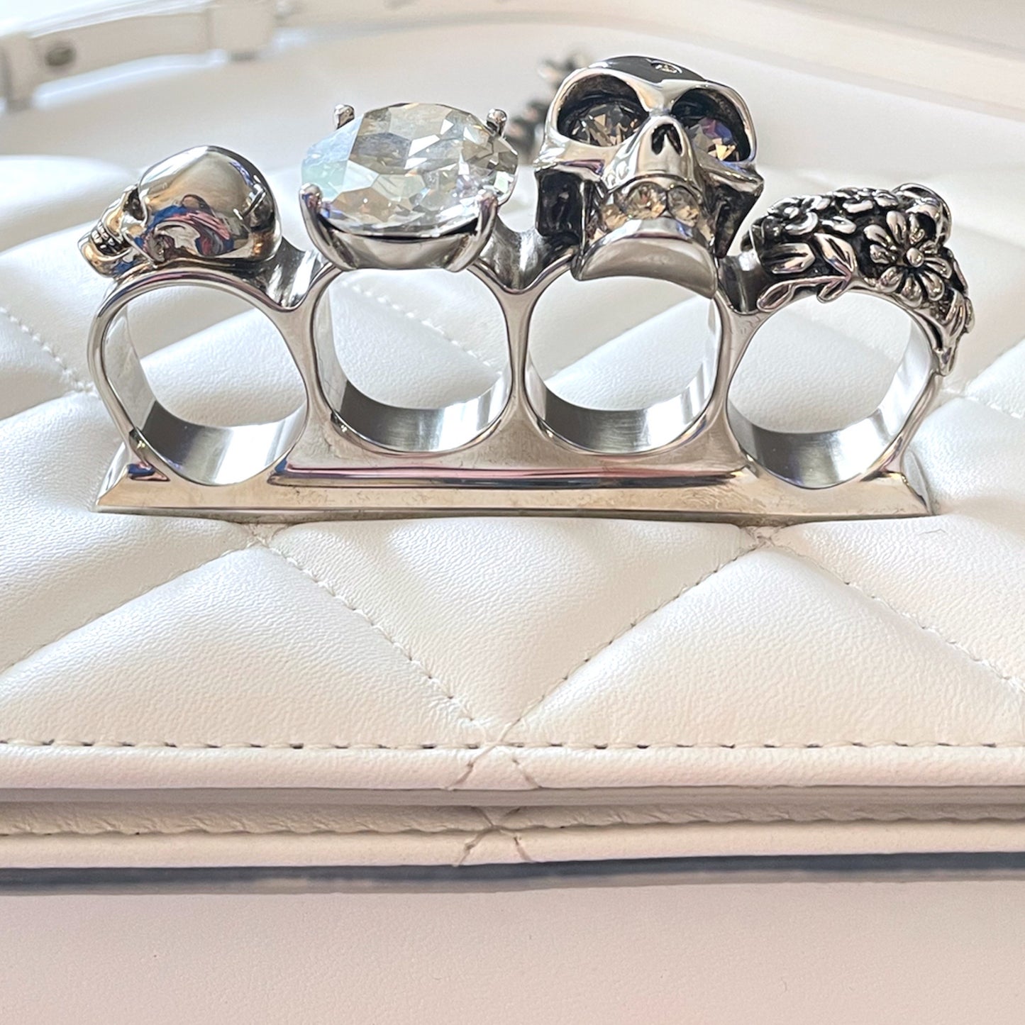 ALEXANDER MCQUEEN White Quilted Leather Jeweled Knuckle Shoulder Bag