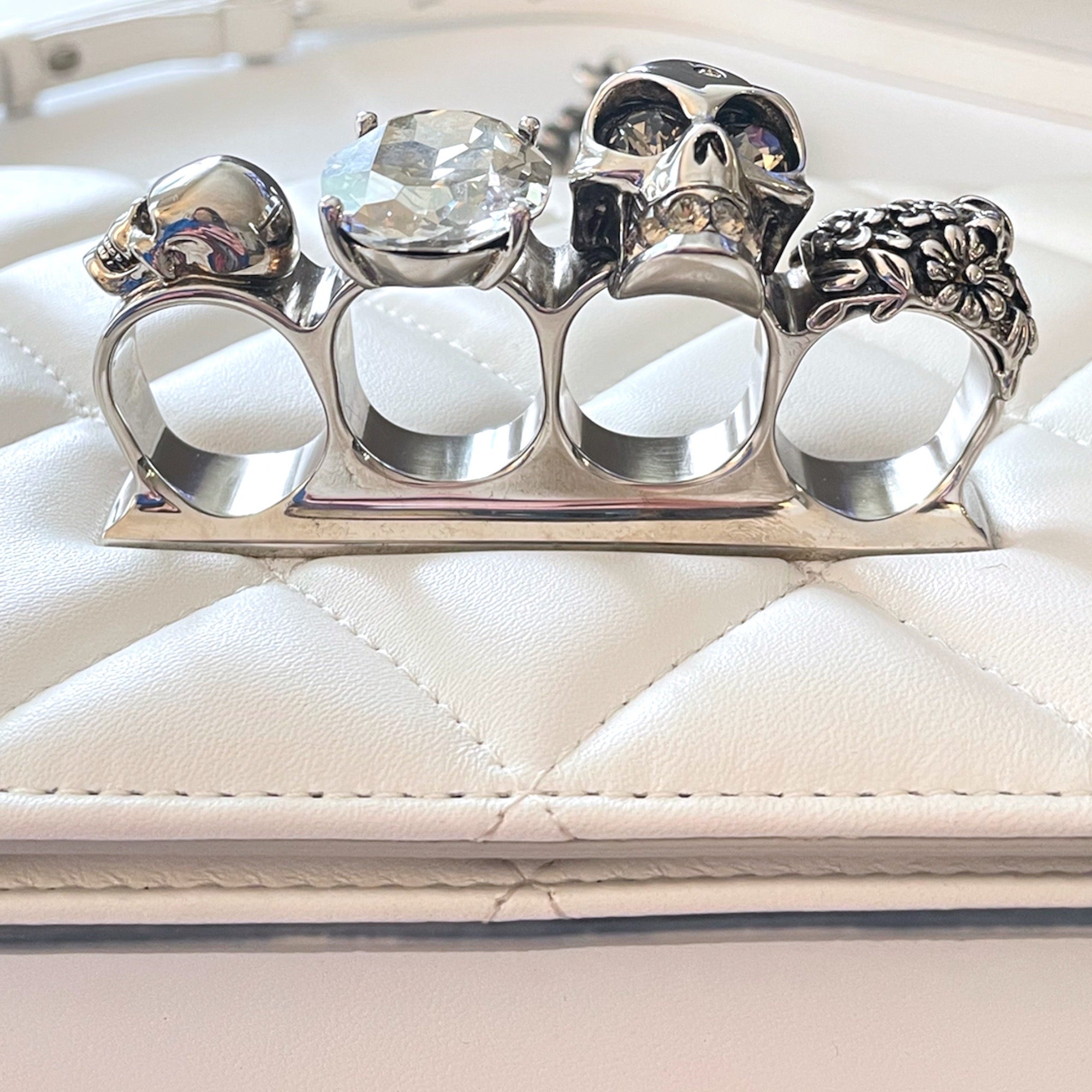 ALEXANDER MCQUEEN White Quilted Leather Jeweled Knuckle Shoulder Bag