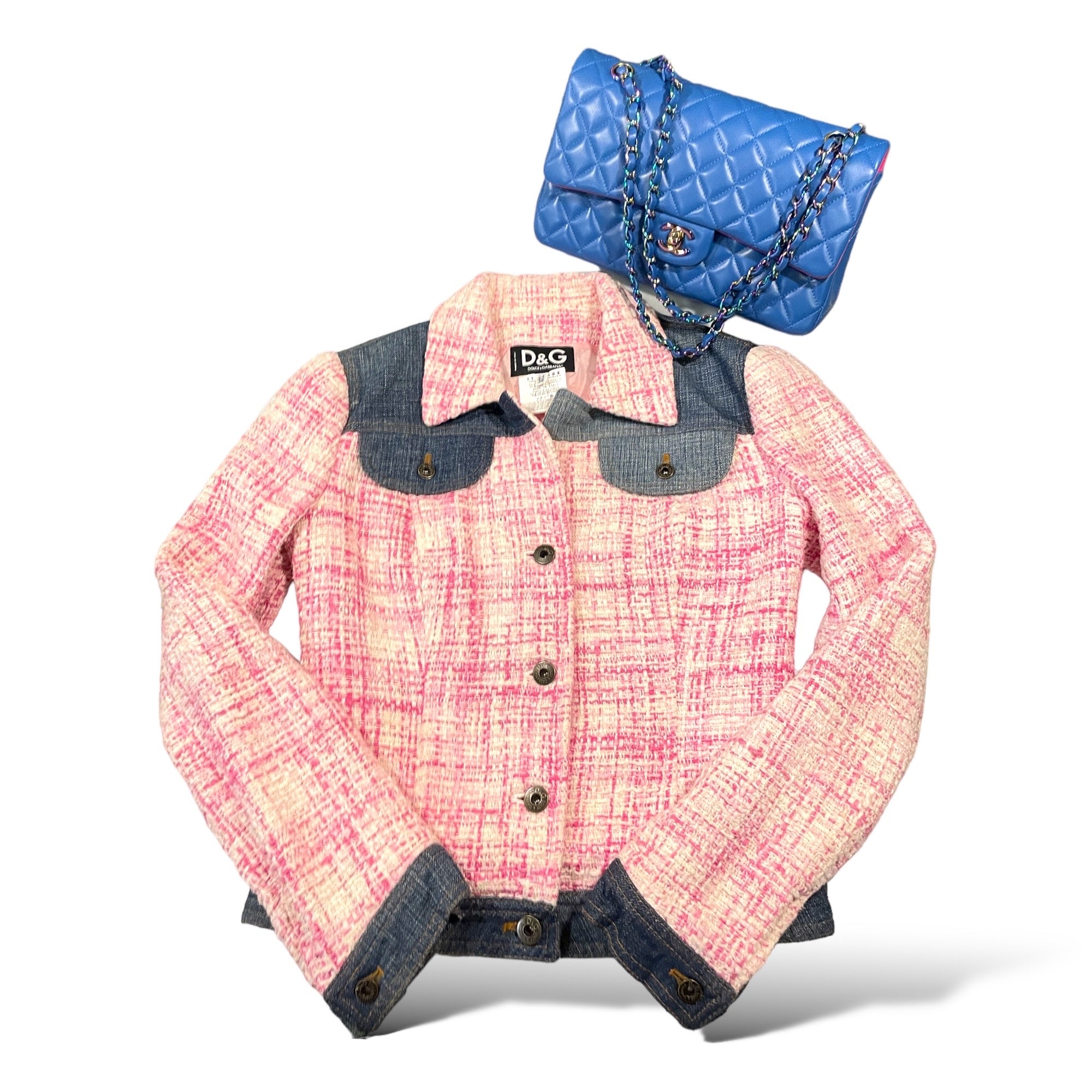 DOLCE & GABBANA Pink Tweed & Denim Fitted Jacket | Size: 38 |